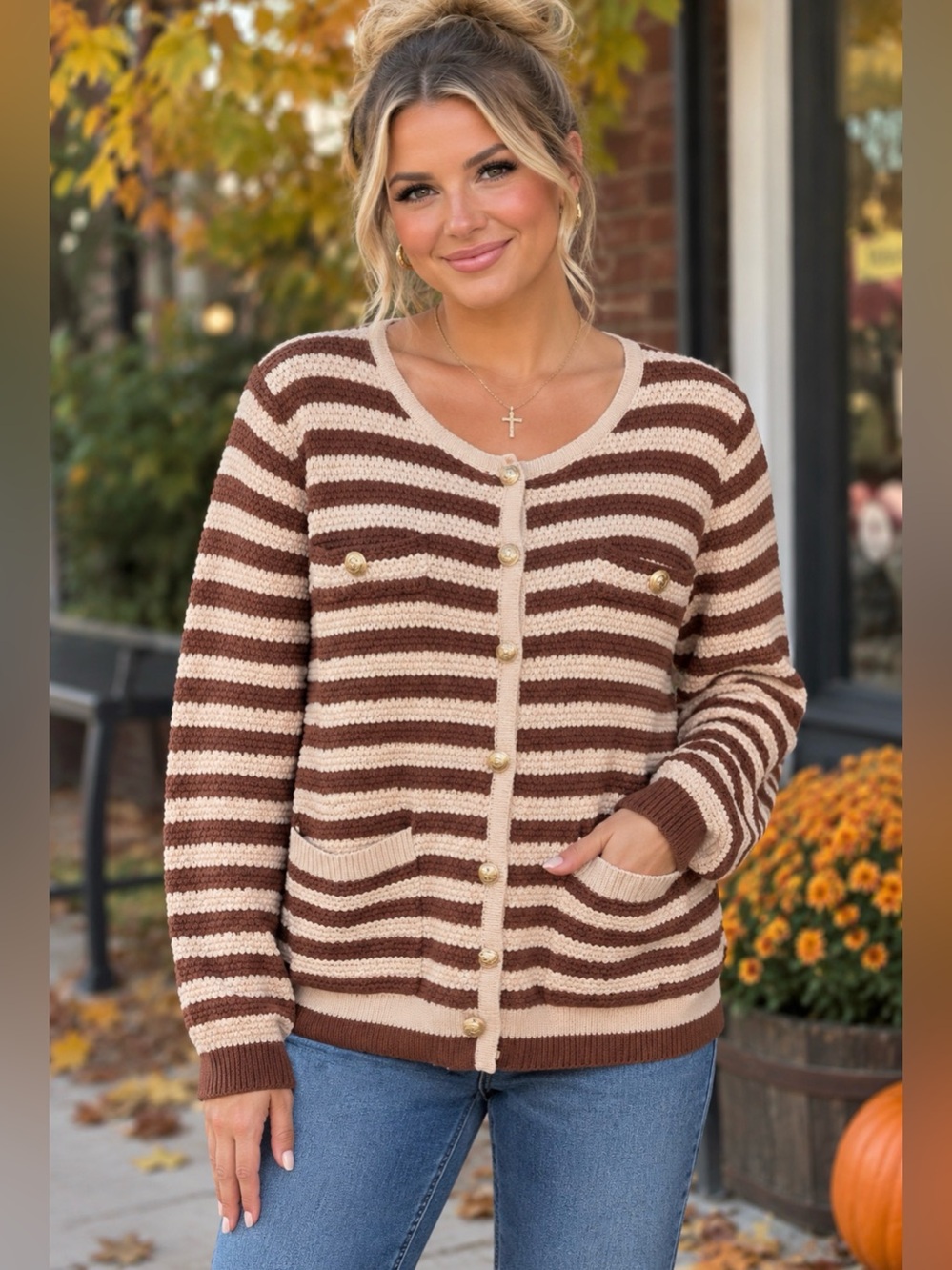 NWOT Primark Brown and Cream Striped Button-Front Women's Cardigan Sz M